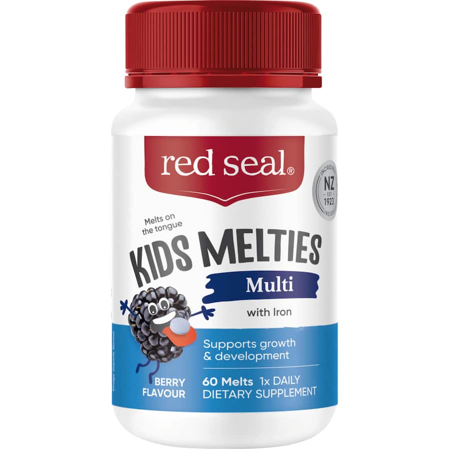 Berry-flavored Red Seal Kids Melties Multi Vitamins with iron, designed for children's health and growth, free from artificial additives.