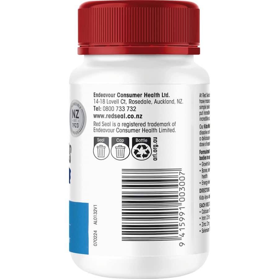 Berry-flavored Red Seal Kids Melties multi vitamins with iron, designed for children's health and nutrition, free from artificial additives.