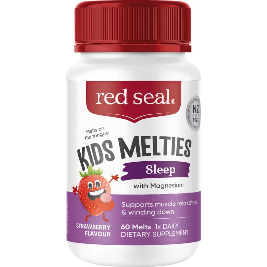Red Seal Kids Melties in strawberry flavor, magnesium-infused gummies for children's relaxation and improved sleep.