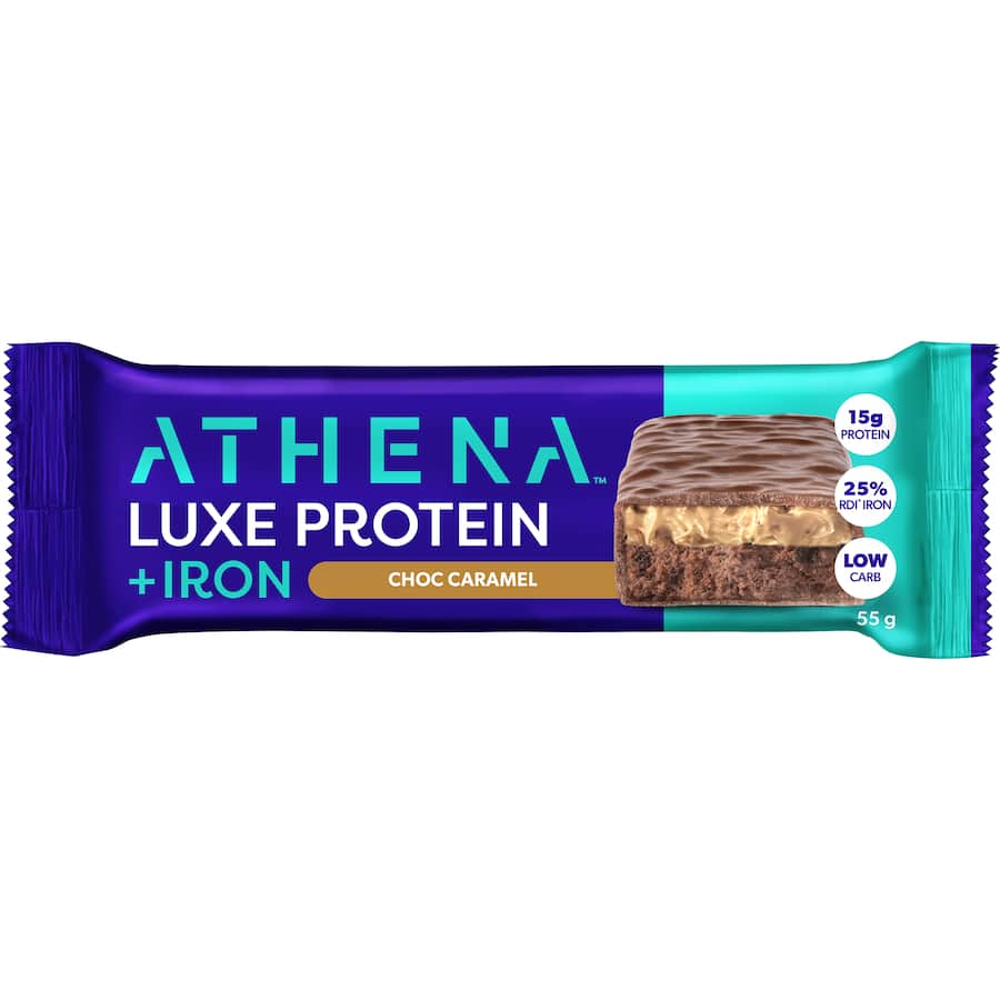 Athena Luxe Protein Bar in Chocolate Caramel, a low-carb snack with 15g protein, perfect for women's post-workout recovery.