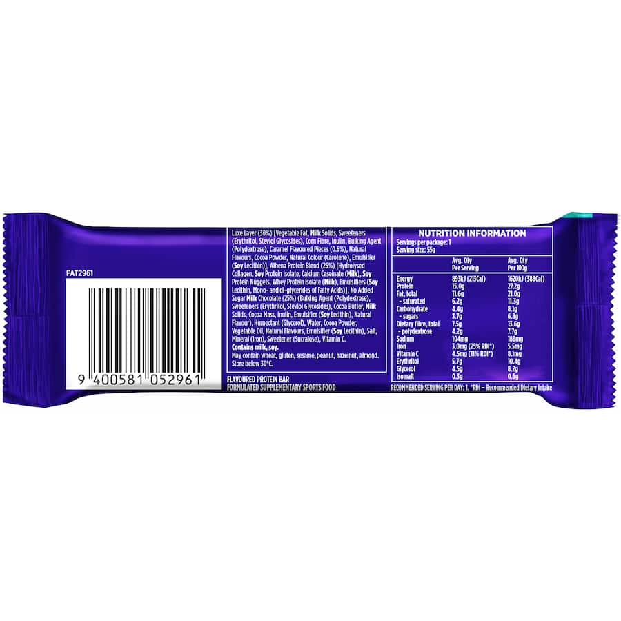 Athena Luxe Protein Bar in Chocolate Caramel, a low-carb snack with 15g protein, perfect for women’s fitness and recovery.