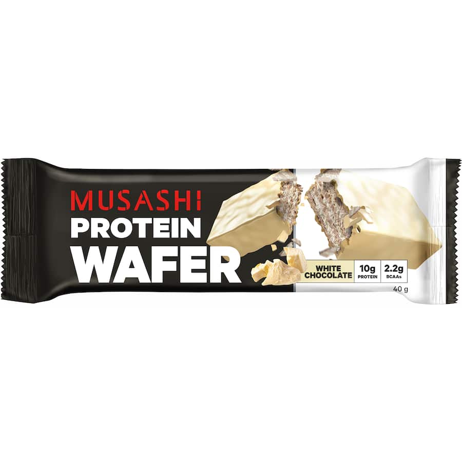 Musashi Protein Bar with white chocolate coating, layered wafers, and 10g protein, perfect for a guilt-free snack.