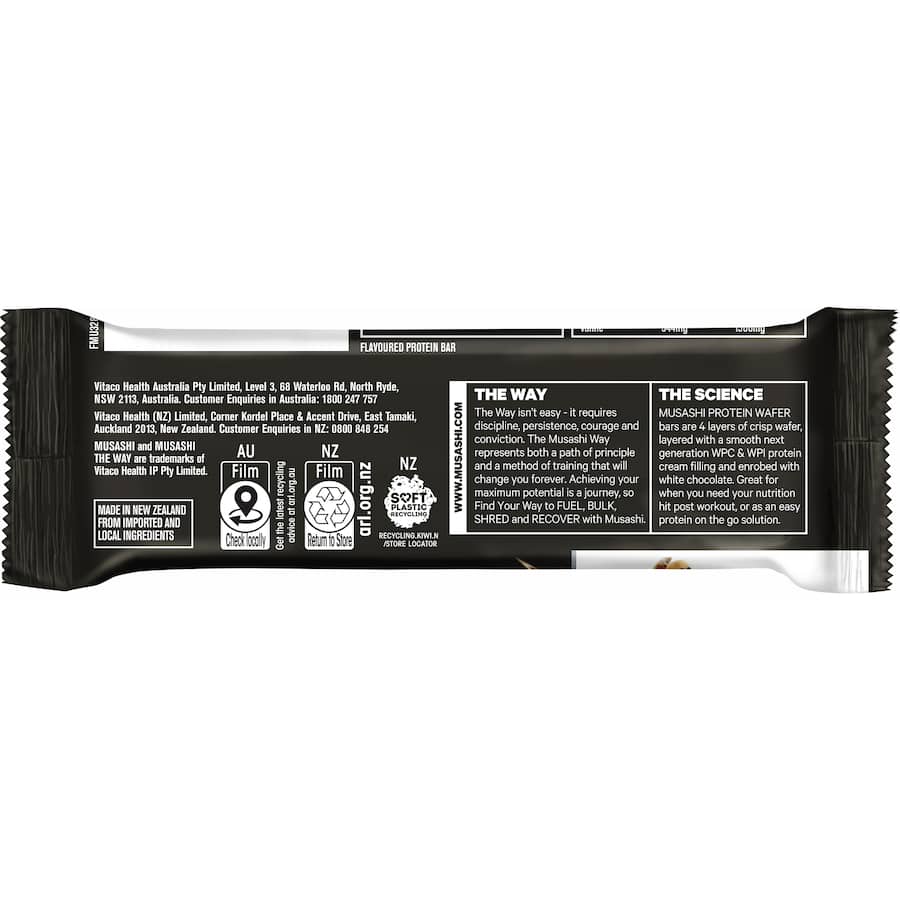 Musashi Protein Bar featuring white chocolate wafer layers, 10g protein, low sugar, ideal for healthy snacking and post-workout fuel.