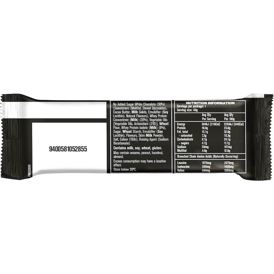 Musashi Protein Bar with crunchy wafer layers and creamy white chocolate coating, offering 10g protein and low sugar.