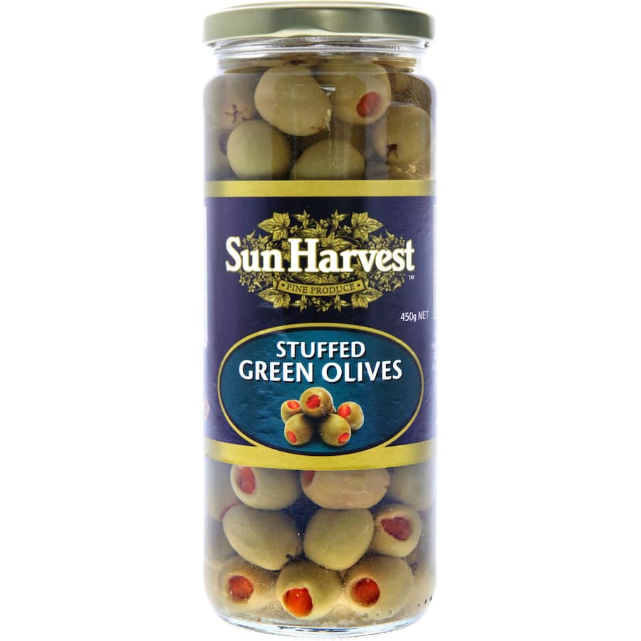 Spanish green olives stuffed with pimento paste, perfect for snacking, salads, and tapas. Vegetarian-friendly and all-natural.