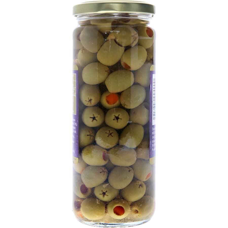 Green Spanish olives stuffed with pimento paste, perfect for tapas and salads, vegetarian-friendly, no artificial additives.