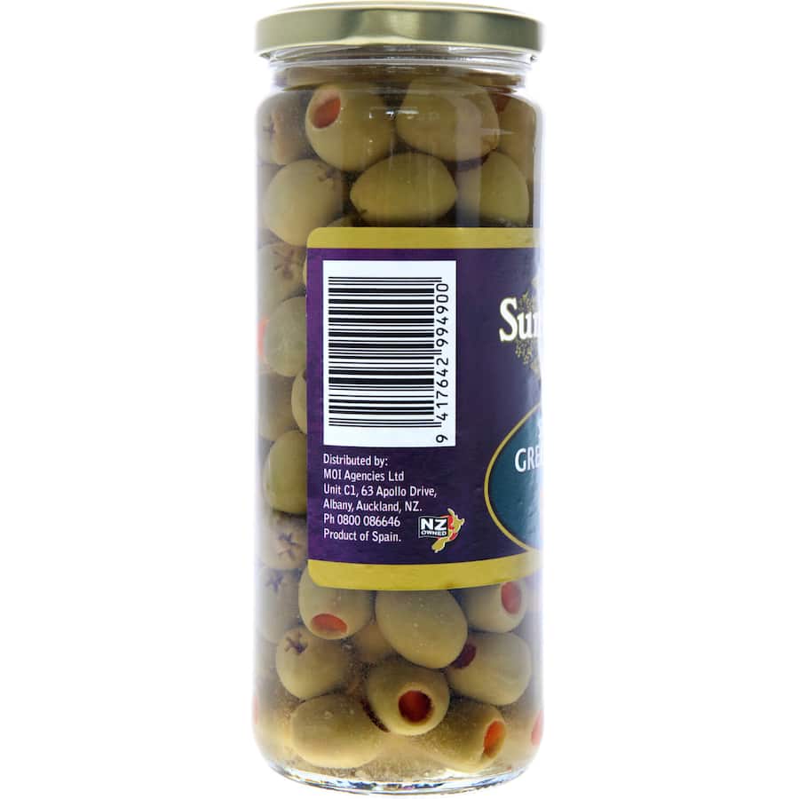 Green Spanish olives stuffed with pimento paste, perfect for tapas and vegetarian dishes. No artificial colors or flavors.