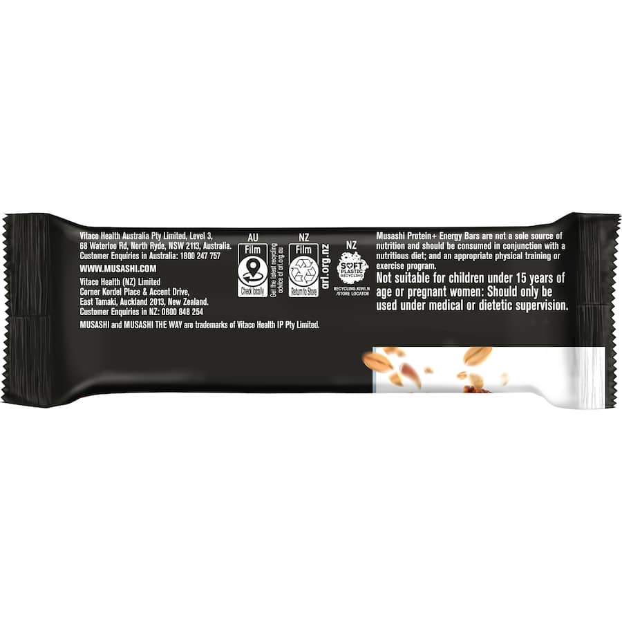 Musashi Protein Bar in Peanut Butter flavor, featuring 15g of carbs, protein boost, and a tasty milk choc drizzle.