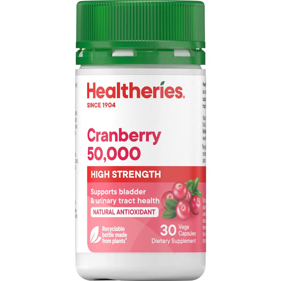 Healtheries Bladder Care Cranberry 50,000 capsules, promoting urinary health with high-quality cranberry extract and antioxidants.