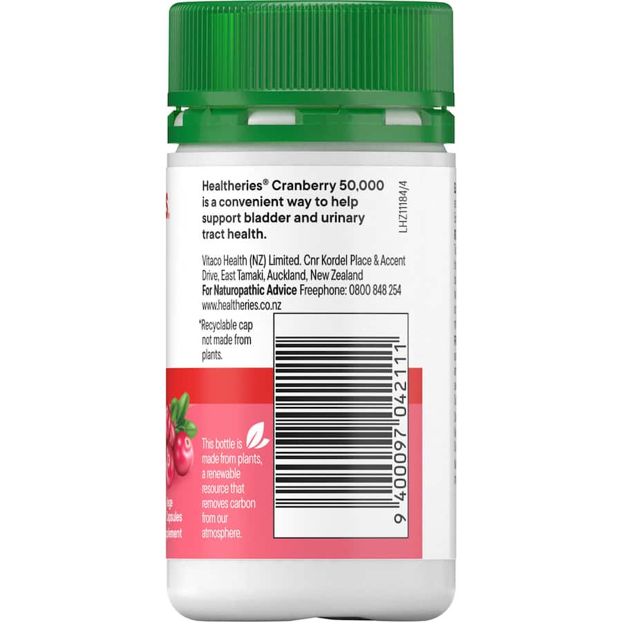 Healtheries Bladder Care Cranberry 50,000 capsules for urinary health support and antioxidant benefits.