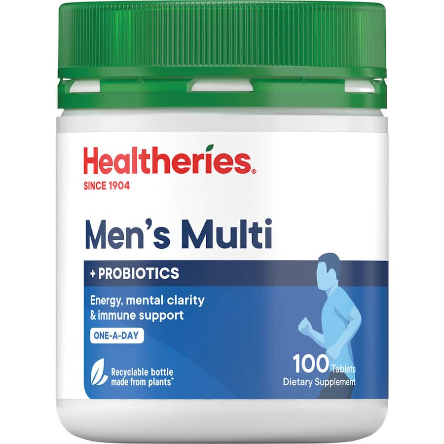 Healtheries Men's Multi One A Day vitamins for energy, immunity, and overall health, featuring essential nutrients for men.