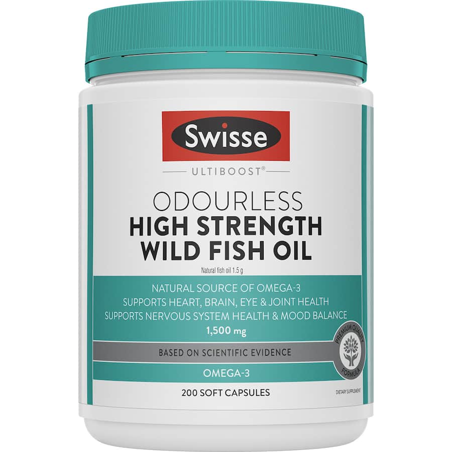 Odourless Swisse Ultiboost Fish Oil capsules, 1500mg, support heart, brain, and joint health with potent omega-3 fatty acids.