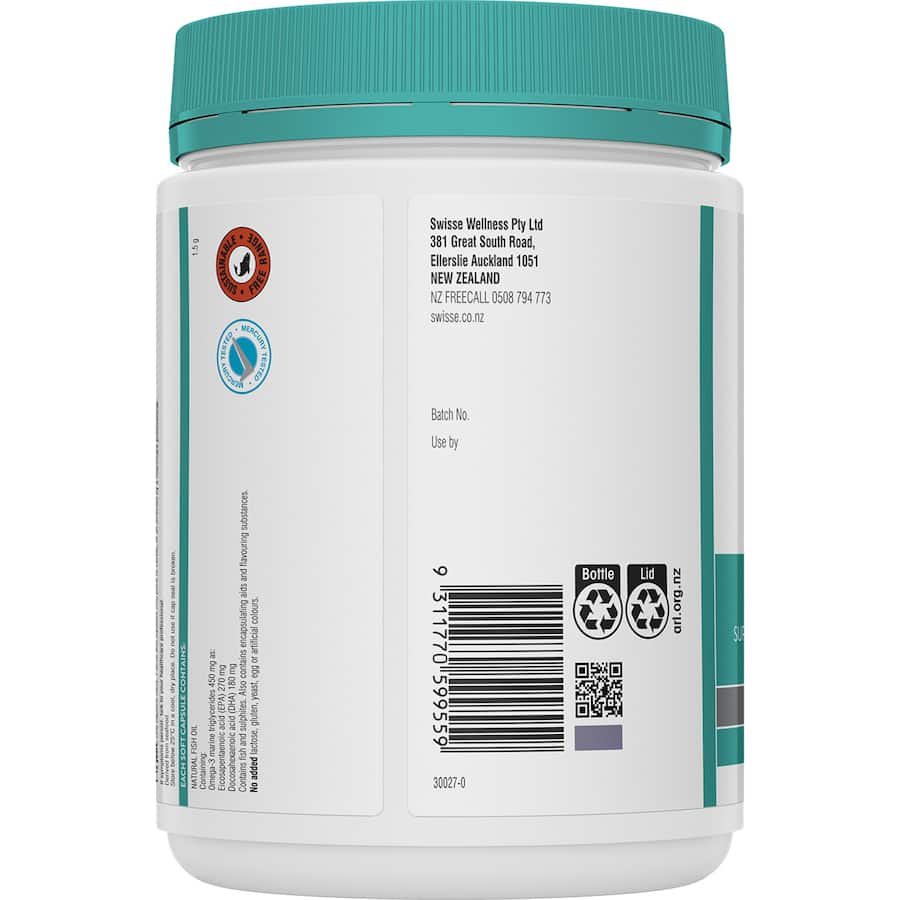 Swisse Ultiboost Fish Oil capsules, odourless 1500mg, support heart, brain, and joint health with omega-3 EPA and DHA.