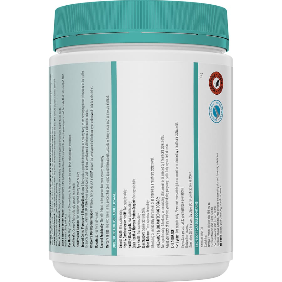 Omega-3 fish oil capsules, odourless and high-strength, promoting heart, brain, eye, and joint health, sustainably sourced.