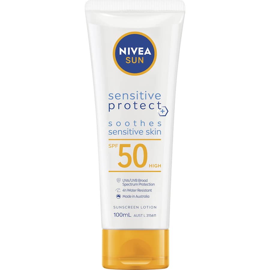 Nivea Sunscreen Sensitive SPF50, a broad-spectrum lotion for sensitive skin with Aloe Vera, Chamomile, and Vitamin E.