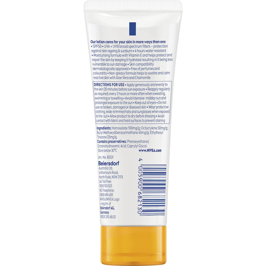 Nivea Sunscreen Sensitive SPF50: broad-spectrum protection for sensitive skin, enriched with Aloe Vera and Vitamin E.