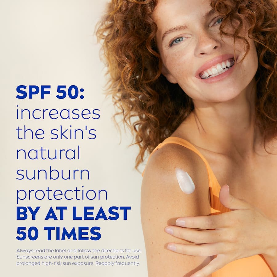 Nivea Sunscreen Sensitive SPF50, a soothing lotion for sensitive skin with Aloe Vera, Chamomile, and broad-spectrum sun protection.