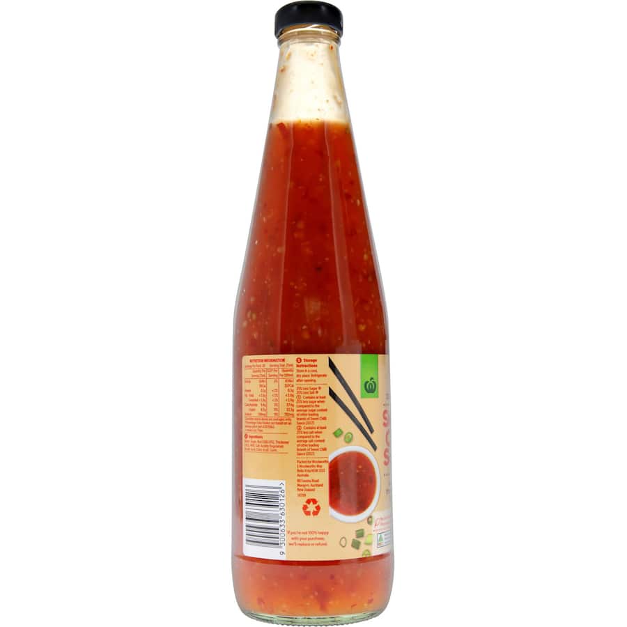 Woolworths Chilli Sauce: a vibrant condiment with red chilli and garlic for enhancing meals and snacks, low in sugar and salt.