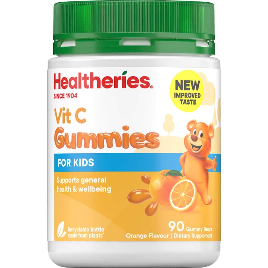 Orange-flavored Healtheries Kids Vitamin C Gummies help support immune health in a tasty, gluten-free formula for children.