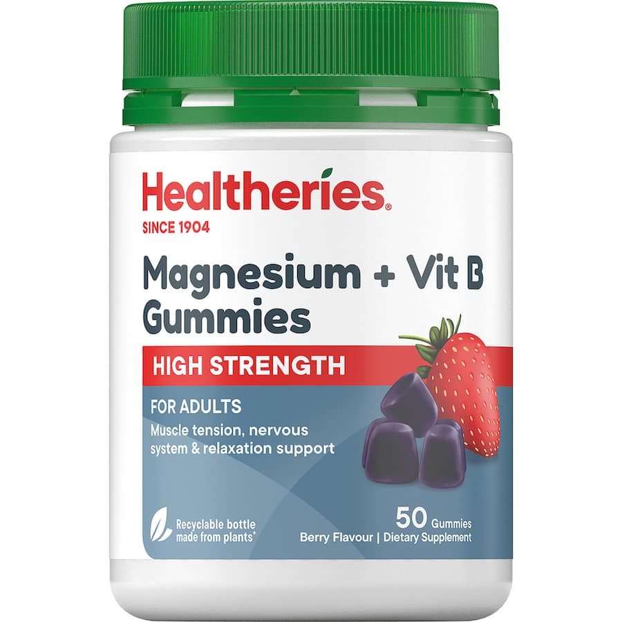 Healtheries Magnesium + Vitamin B Gummies: tasty high-strength support for energy, muscle function, and nerve health for adults.