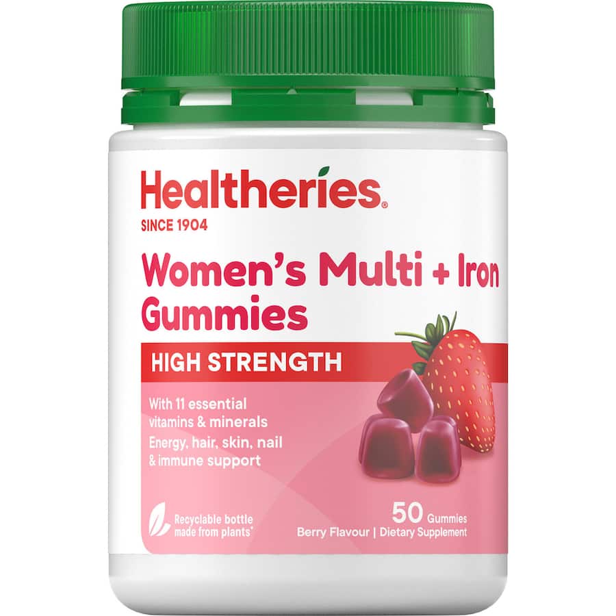 High-strength women's multivitamin gummies with iron for energy and immune support, gluten-free and delicious.