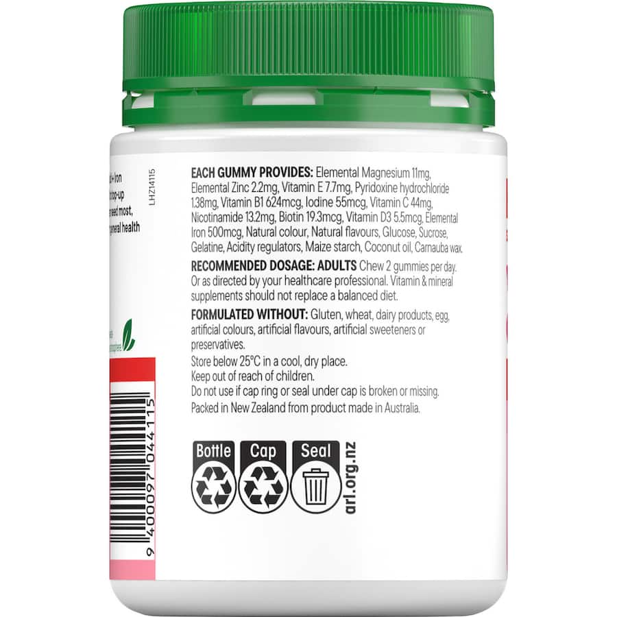 Healtheries Women's Multi + Iron Gummies, high-strength, gluten-free, chewable vitamins for energy and overall well-being.