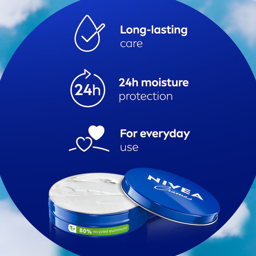 Nivea Creme Moisturiser, a versatile cream for face and body, deeply hydrates and soothes all skin types, perfect for families.