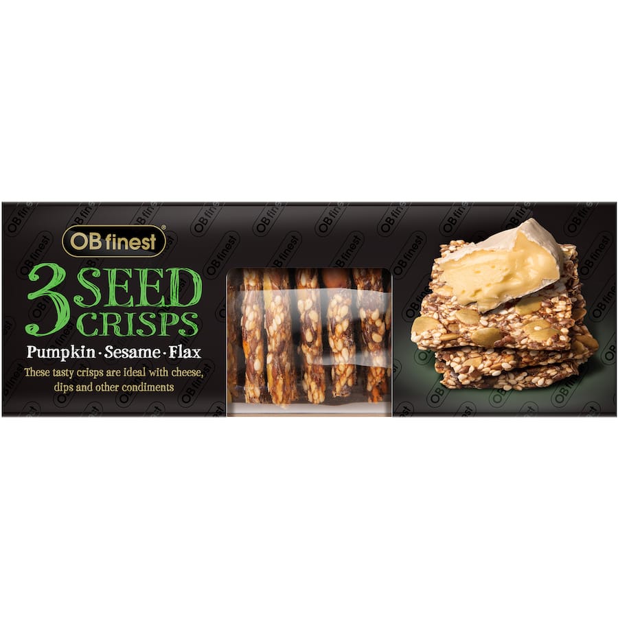 Ob Finest Crackers 3 Seed Crisps, gluten-free snacks made with pumpkin, sesame, and flax seeds for a light, crispy texture.