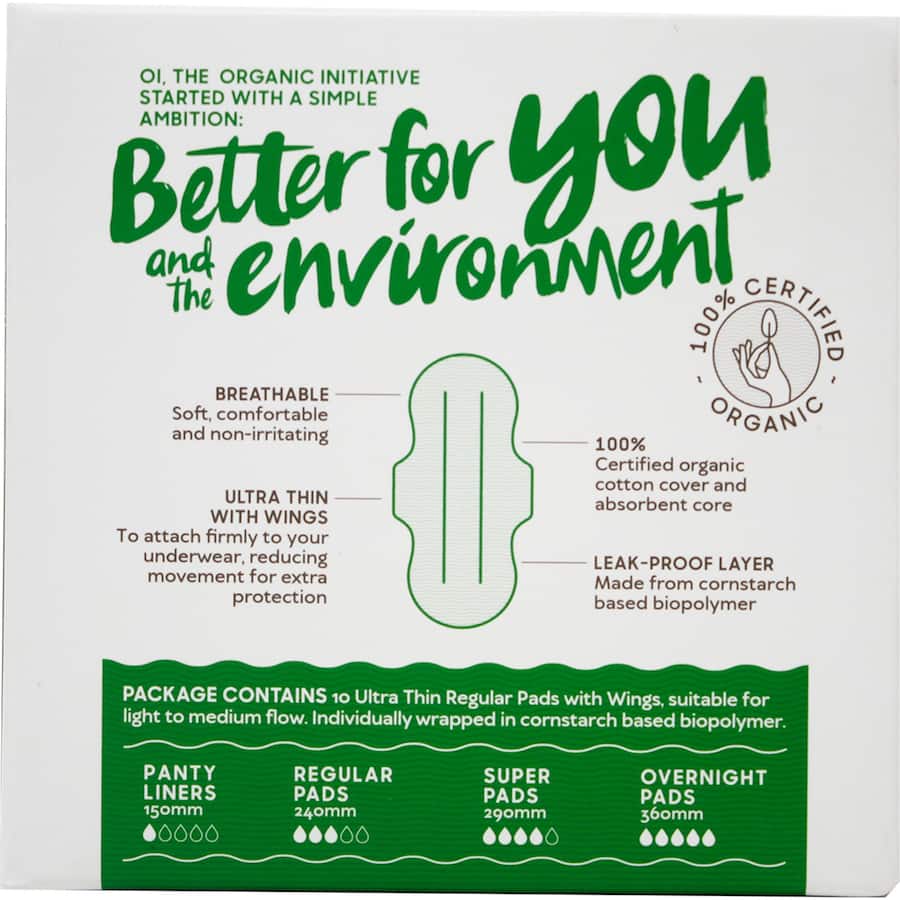 Oi 100% Organic Cotton Pads Ultra Thin Regular 10pack