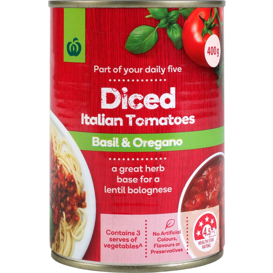Woolworths Diced Tomatoes with Italian Basil and Oregano in a 400g can, perfect for enhancing sauces and vegetarian dishes.
