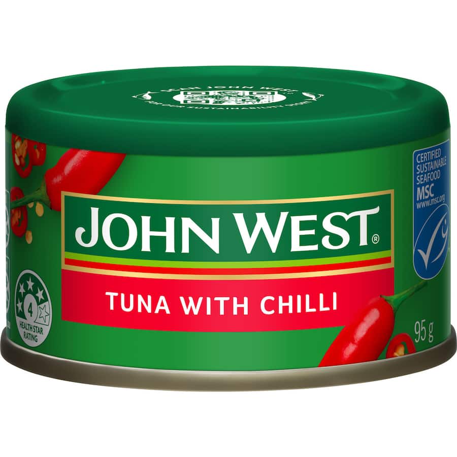 Flaked John West tuna with whole red chilli; a nutritious, flavorful option for wraps, salads, or quick meals.