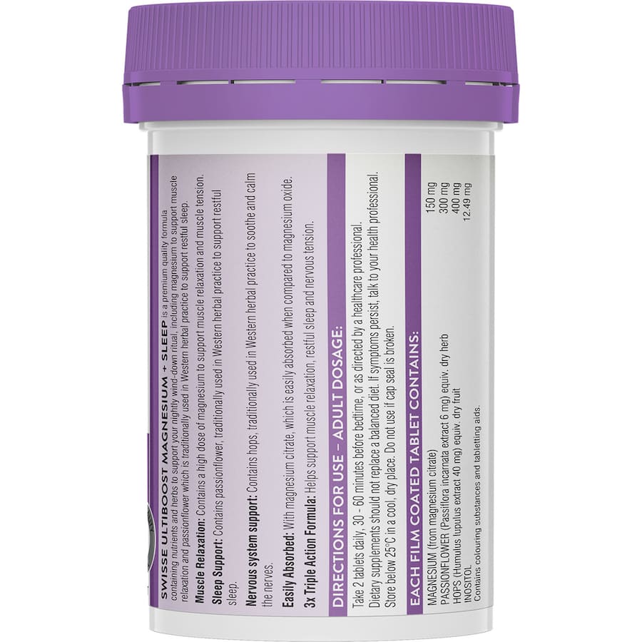 Swisse Ultiboost Magnesium Plus Sleep supplement for improved sleep quality and relaxation, supporting overall well-being.