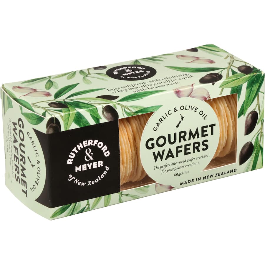 Crispy gourmet wafers infused with garlic and olive oil, perfect for pairing with cheeses and dips.