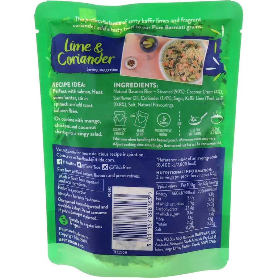 Tilda Steamed Rice Lime & Coriander Basmati in a microwavable pouch, featuring aromatic grains with lime and coriander flavors.