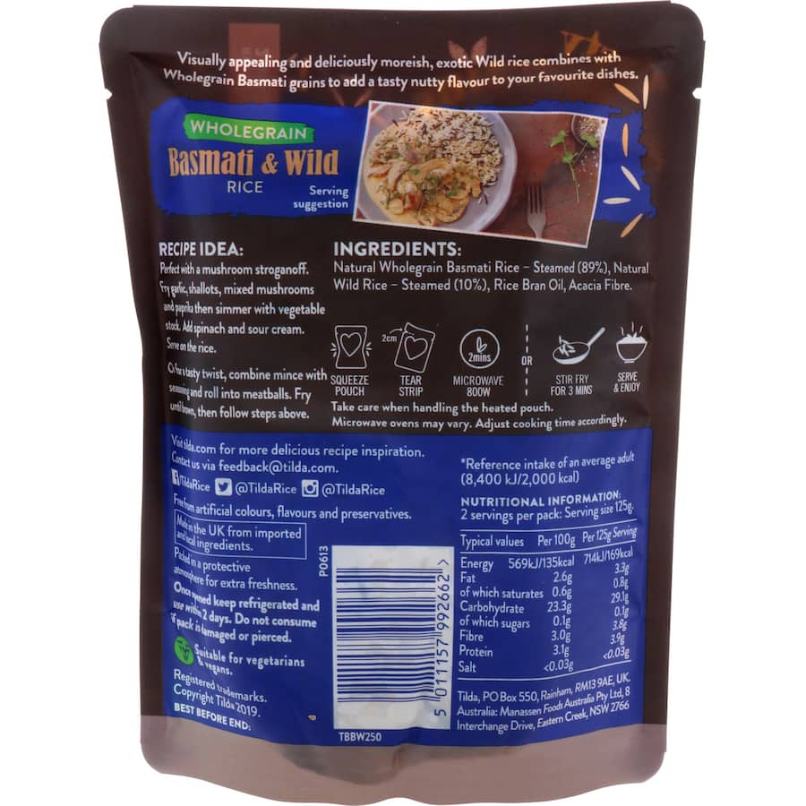 Tilda Steamed Rice Brown & Wild Basmati in a pouch, offering nutritious wholegrain and wild rice, perfect for health-conscious meals.