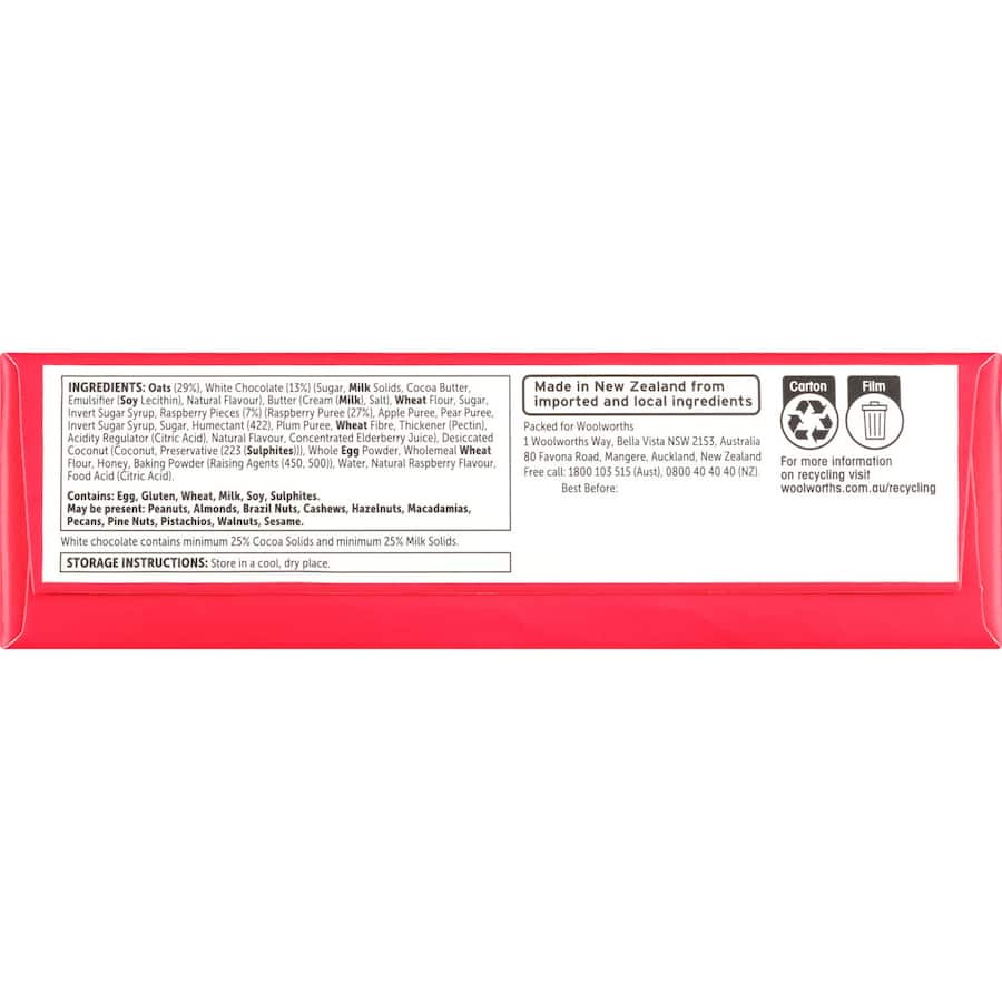 Woolworths Oaty Slices Oat Bars White Choc & Raspberry 6pk 240g