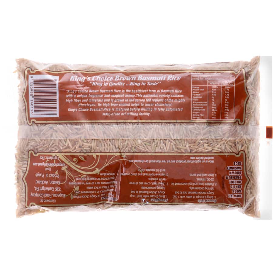 Kings Choice Basmati Rice Brown in a bag, known for its nutty flavor, high fiber, and Himalayan origins.