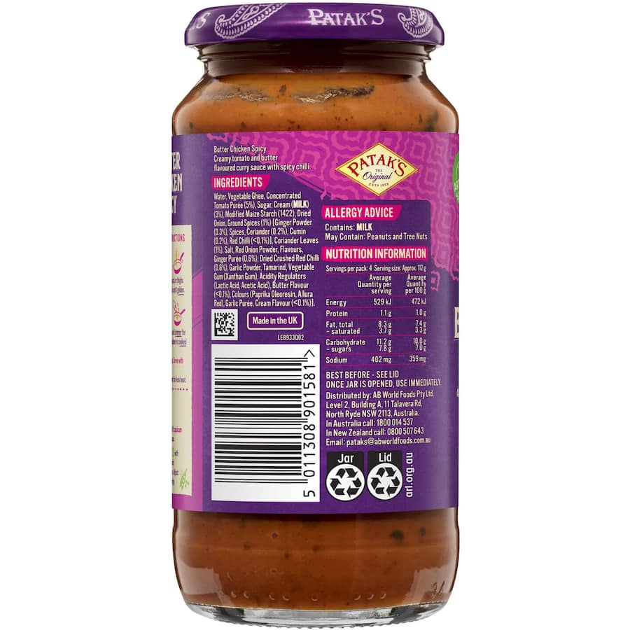 Pataks Recipe Base Butter Chicken Hot Jar 450g
