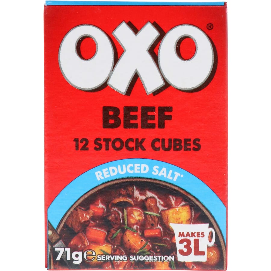 Oxo Beef Stock Reduced Salt Cubes 71g, low-sodium seasoning for rich, flavorful broth in soups and sauces.