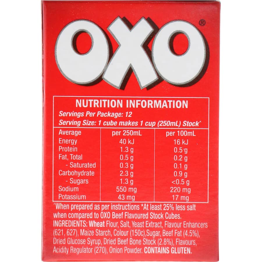 Oxo Beef Stock Reduced Salt Cubes 71g pack for low-sodium cooking, enhancing meals with rich beef flavor and quality ingredients.