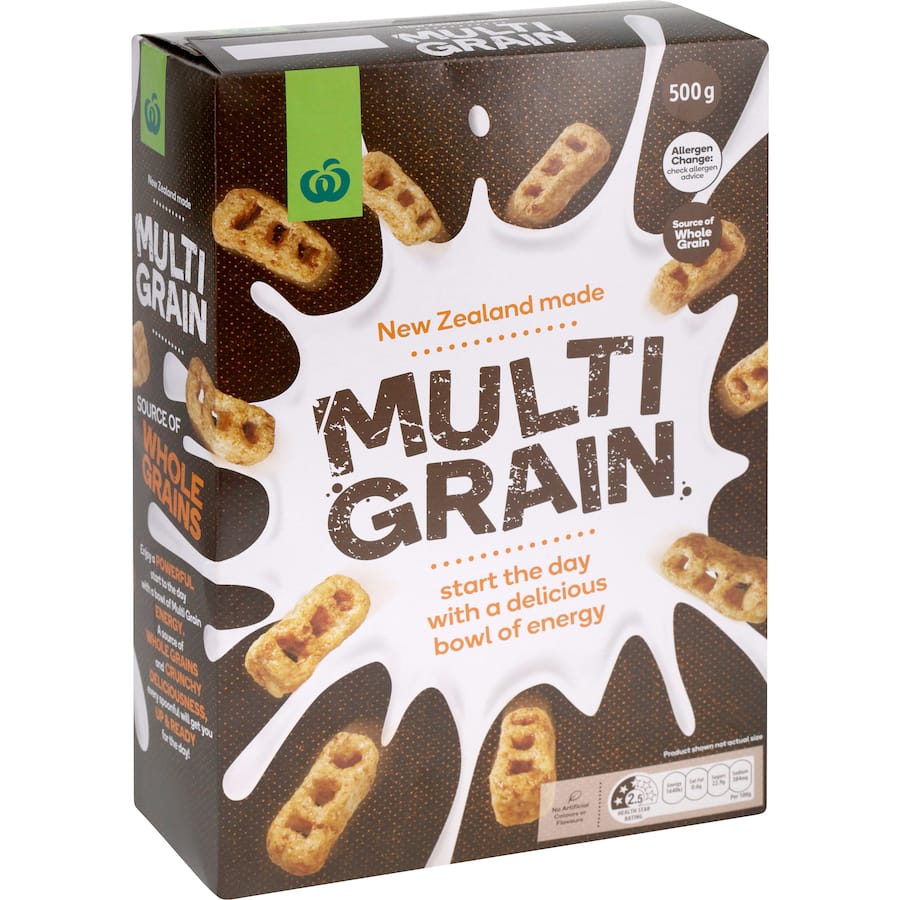 A nutritious bowl of Woolworths Multigrain Cereal, featuring whole grains for energy and no artificial additives.
