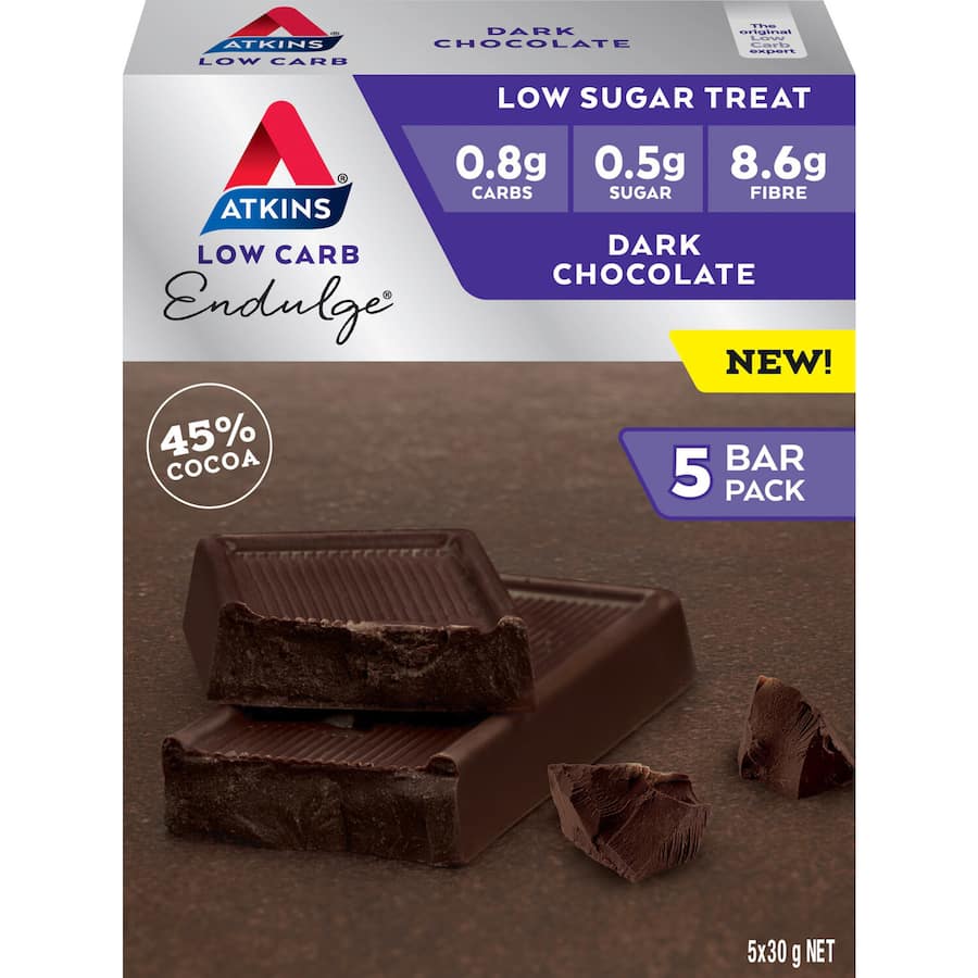 Atkins Endulge Dark Chocolate Protein Bar, a low-carb snack with high-quality protein and rich chocolate flavor.