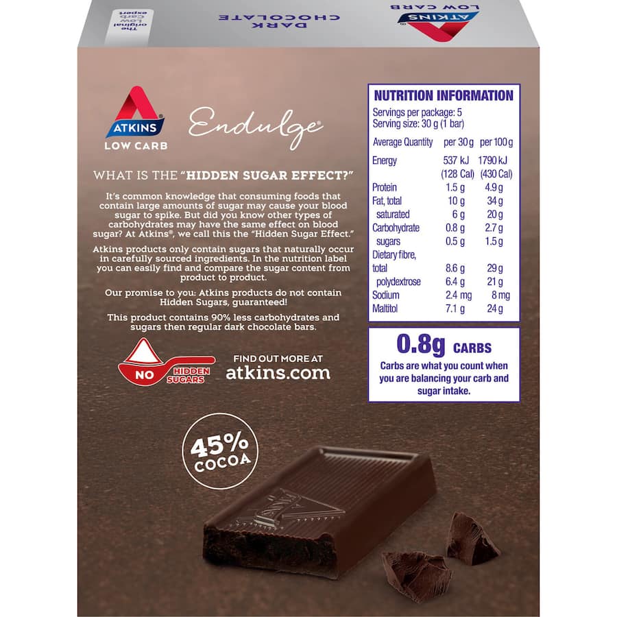 Atkins Endulge Protein Bar Dark Chocolate: a low-carb, protein-packed snack featuring rich dark chocolate for guilt-free indulgence.