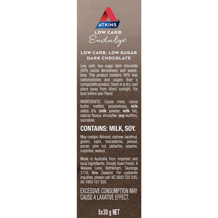 Atkins Endulge Protein Bar Dark Chocolate featuring rich dark chocolate and packed with protein, ideal for low-carb lifestyles.