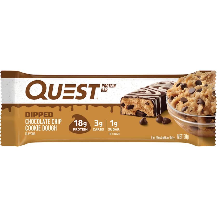 Quest Protein Bar Dipped Chocolate Chip Cookie Dough, a protein-rich snack with chocolate coating and gooey cookie dough center.