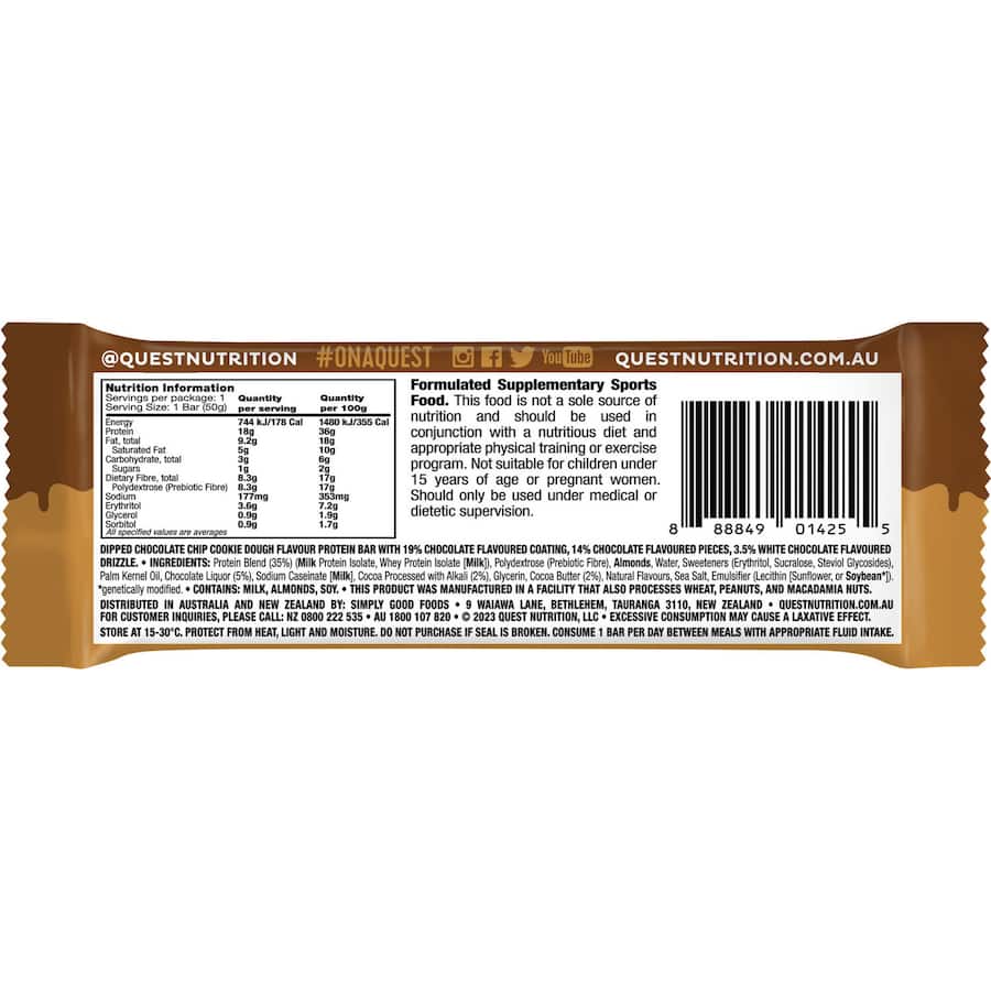 Quest Protein Bar Dipped Chocolate Chip Cookie Dough, a protein-rich snack with chocolate coating and cookie dough center, guilt-free indulgence.