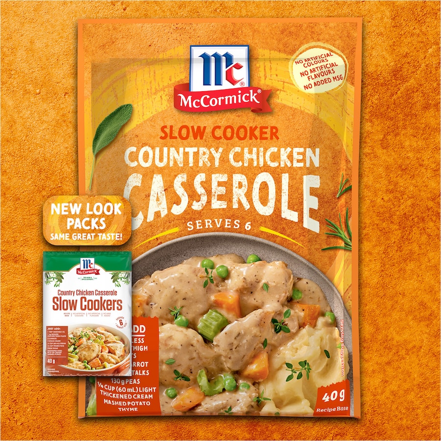 Creamy chicken casserole made easy with McCormick's slow cooker meal base, perfect for busy weeknights and family dinners.