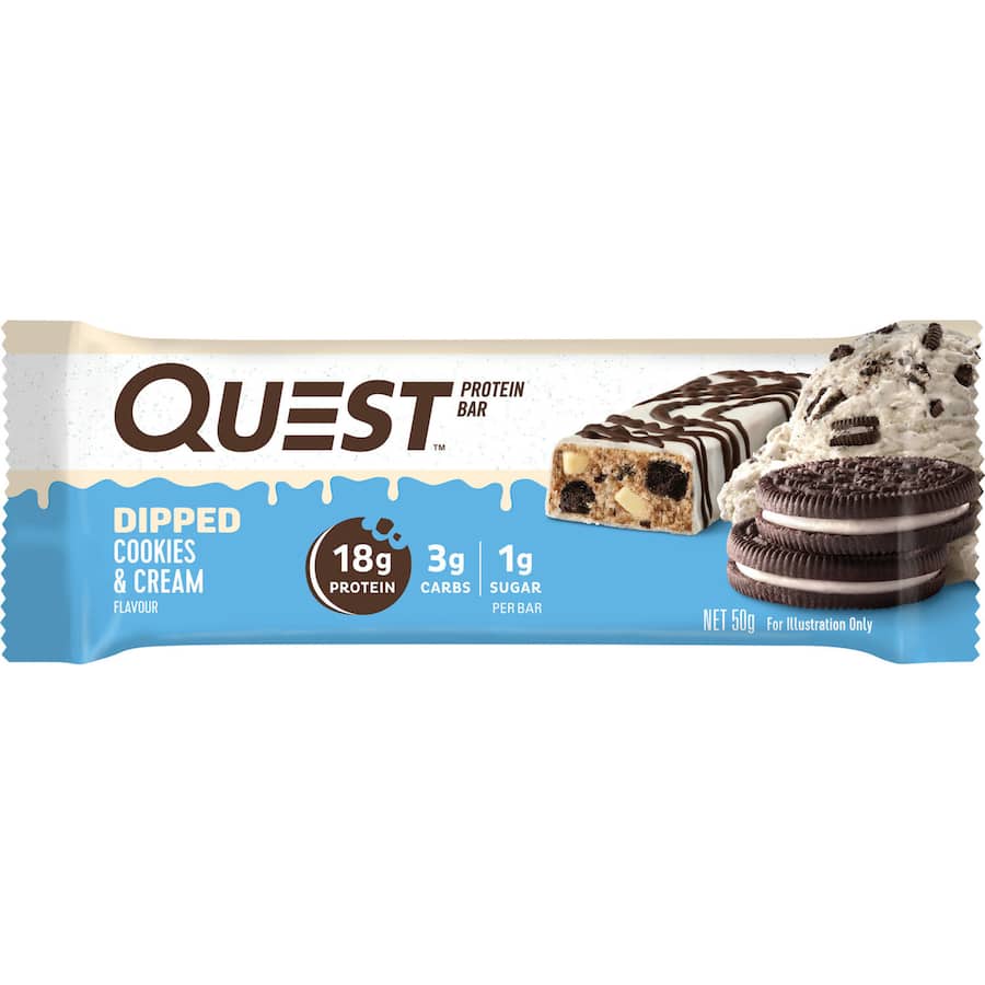Quest Protein Bar in Cookies & Cream flavor, dipped in chocolate, offering 20g protein and 4g net carbs for guilt-free snacking.