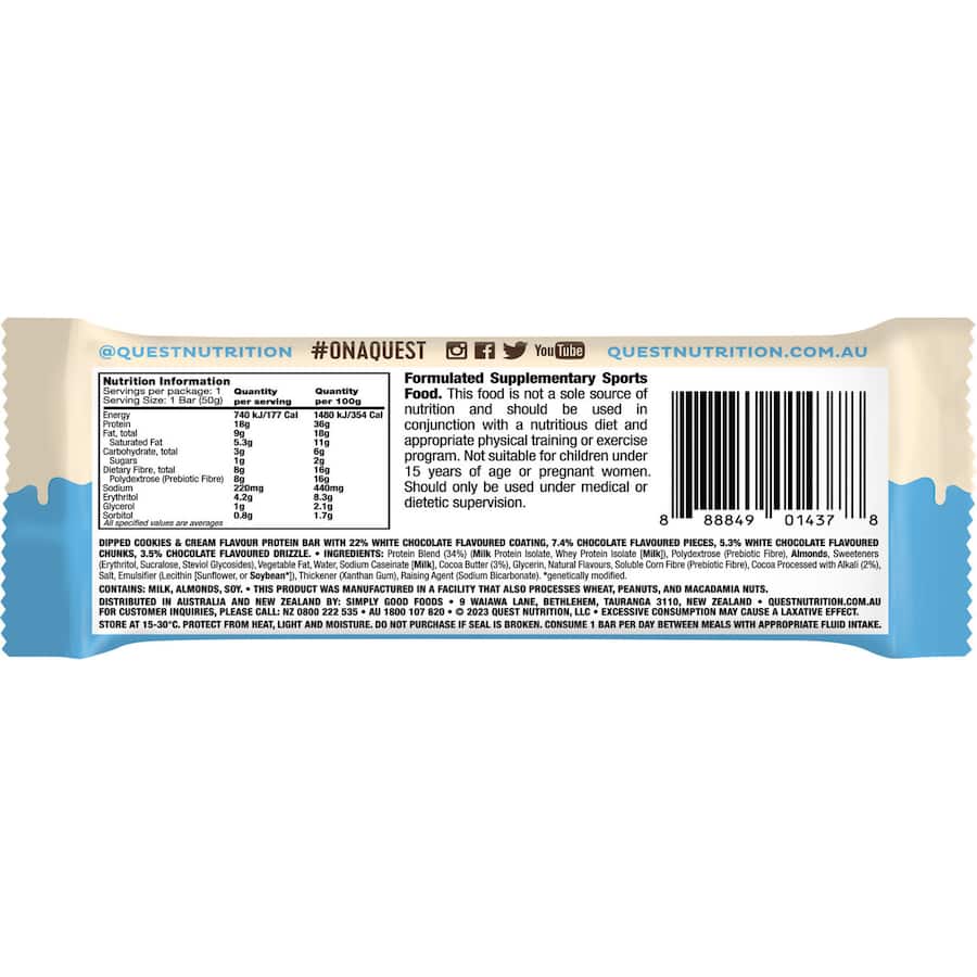 Chocolate-dipped Quest Protein Bar in Cookies & Cream flavor, offering 20g protein and low net carbs for guilt-free snacking.