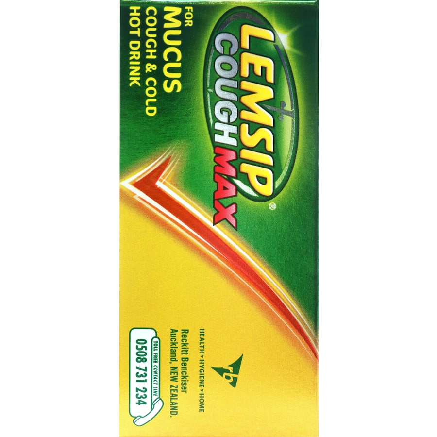 Lemsip Cough Max Lemon Hot Drink sachets provide soothing relief for cold and flu symptoms, with refreshing lemon flavor.